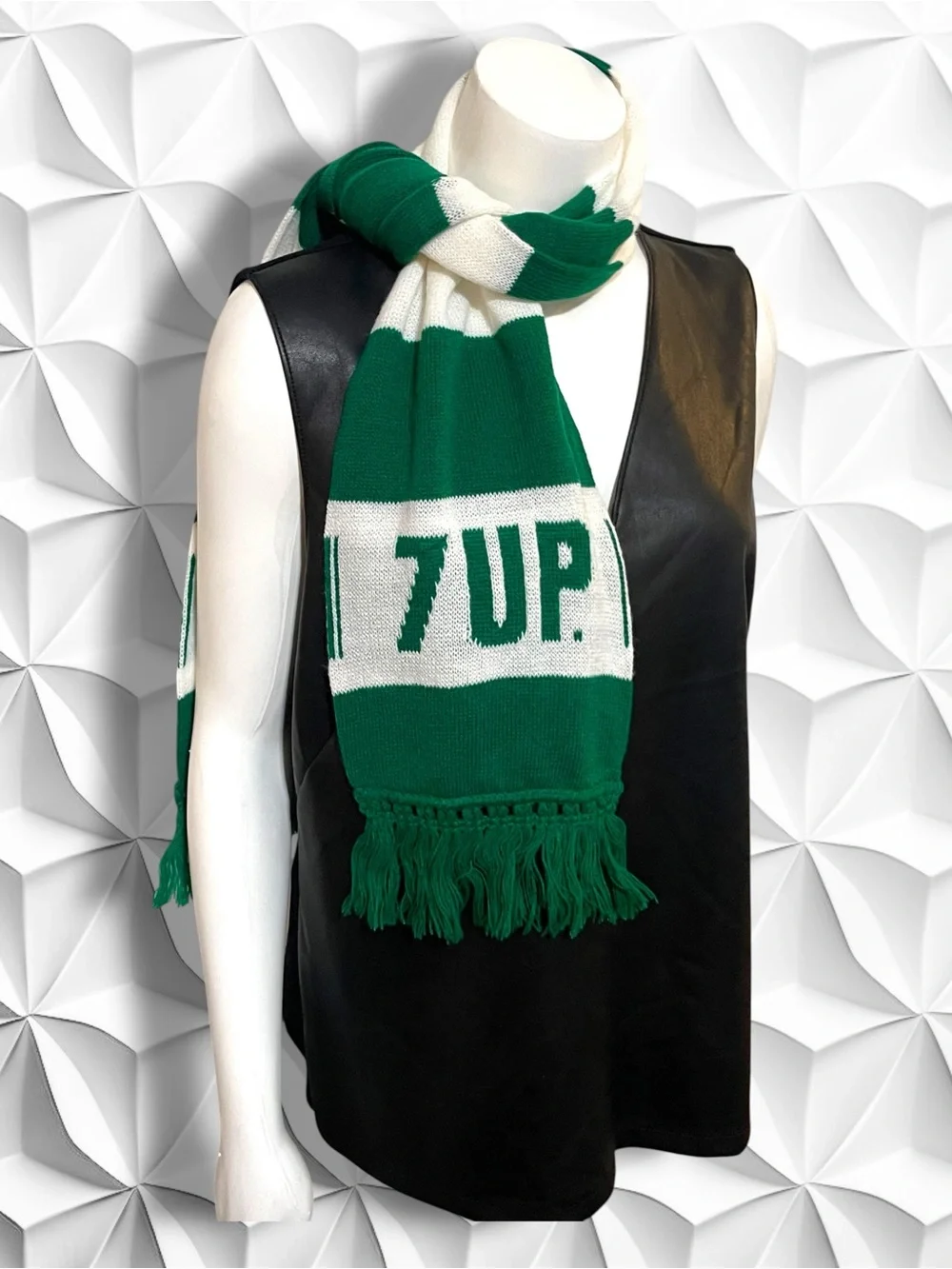 Vintage 7-Up Striped Knit Scarf Green White Fringed Retro 70s 80s Soda Promo